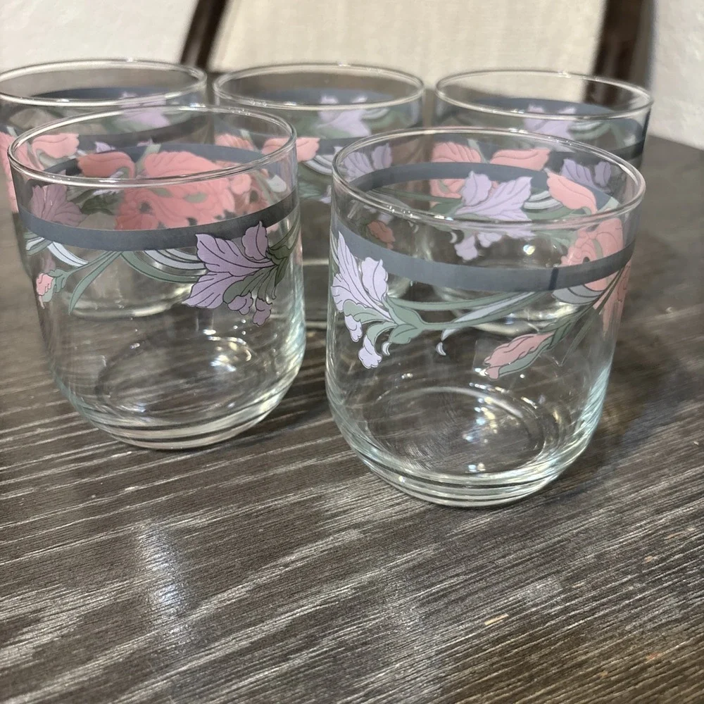 5 Vintage Noritake Cafe du Soir 10 Oz Juice Rocks Glasses 1980s Purple/Pink Iris